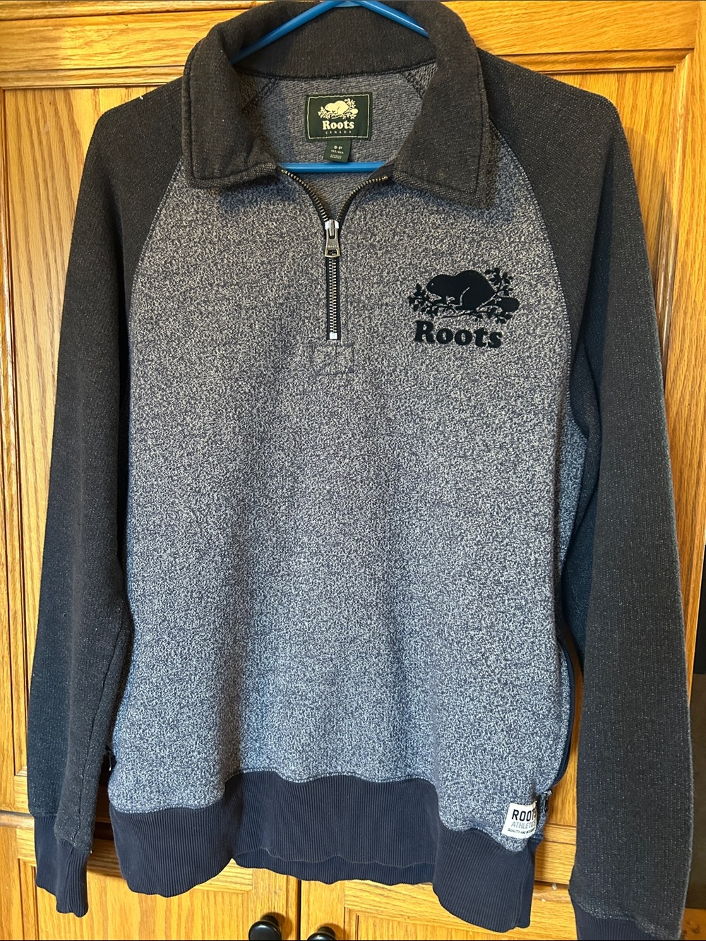 Roots Men's Zip Pullover in Heather Gray and Navy Blue